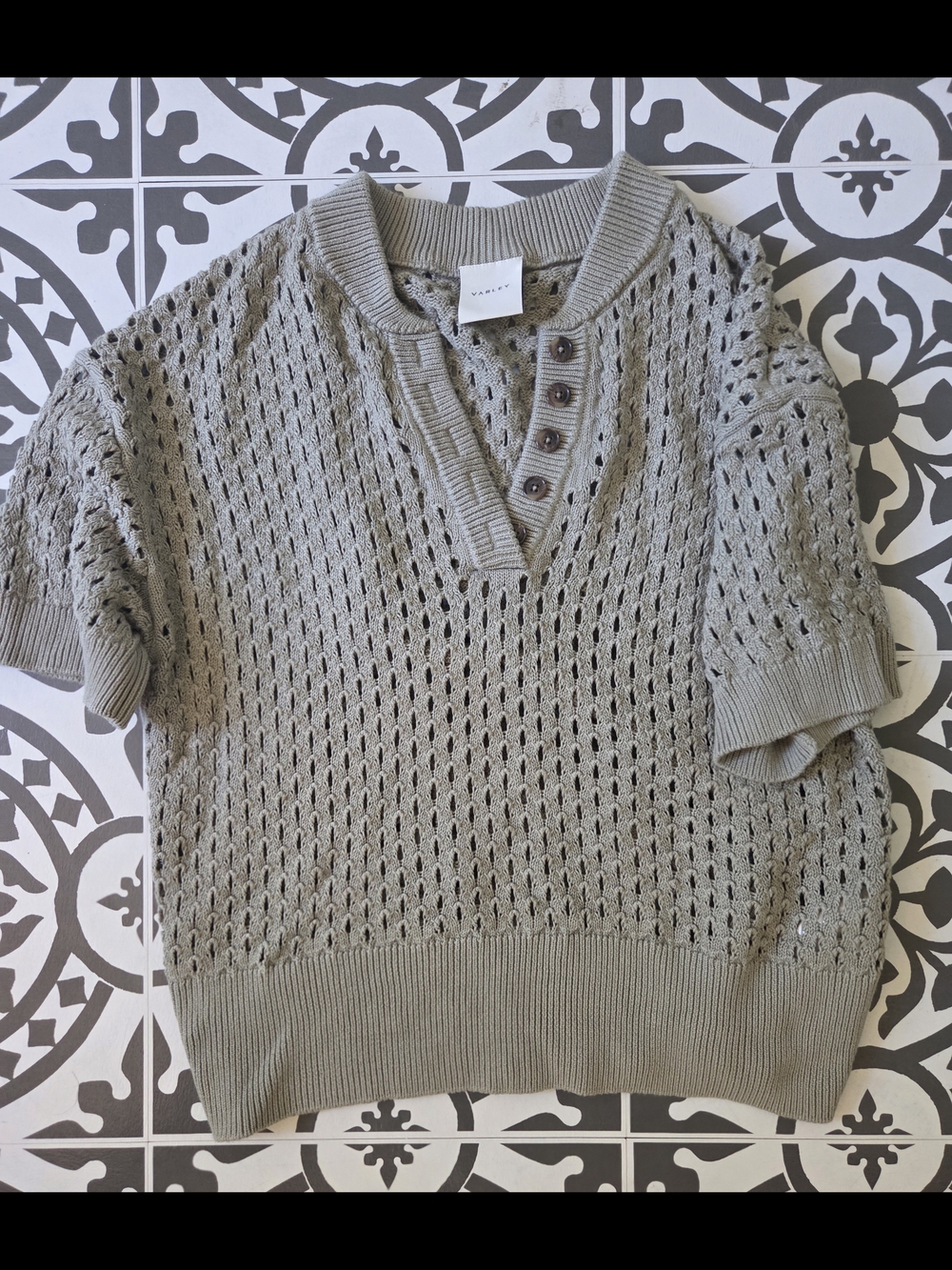 Varley Open Knit V-Neck Short Sleeve Sweater in Light Greeb